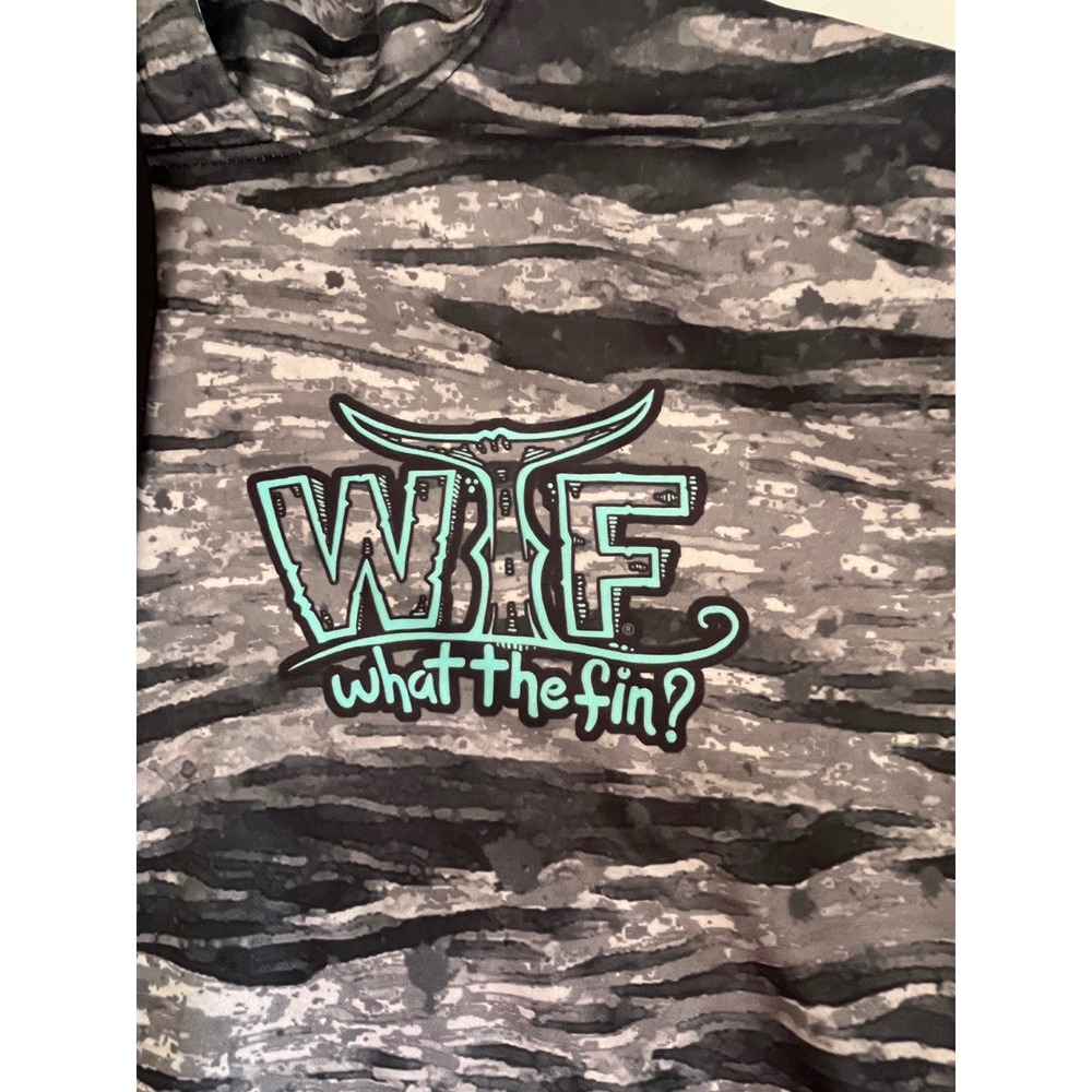 What The Fin WBF Performance Fabric Hoodie Gray Camo Fish Tail Logo Size‎ M